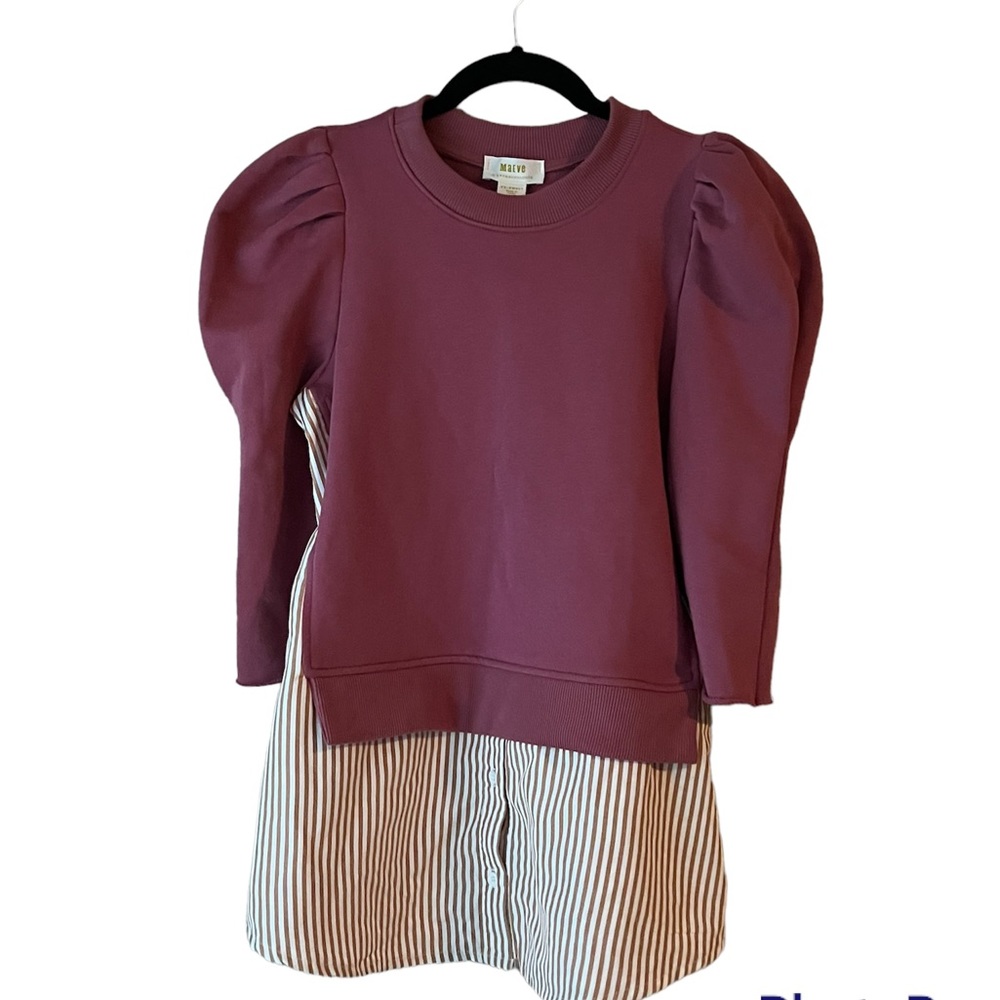 Maeve by Anthropologie Puff Sleeve Sweater Built in Oxford Stripe Shirt Size XXS